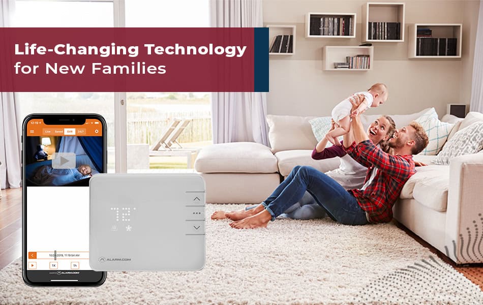 Parents with their baby enjoying smart home technologies